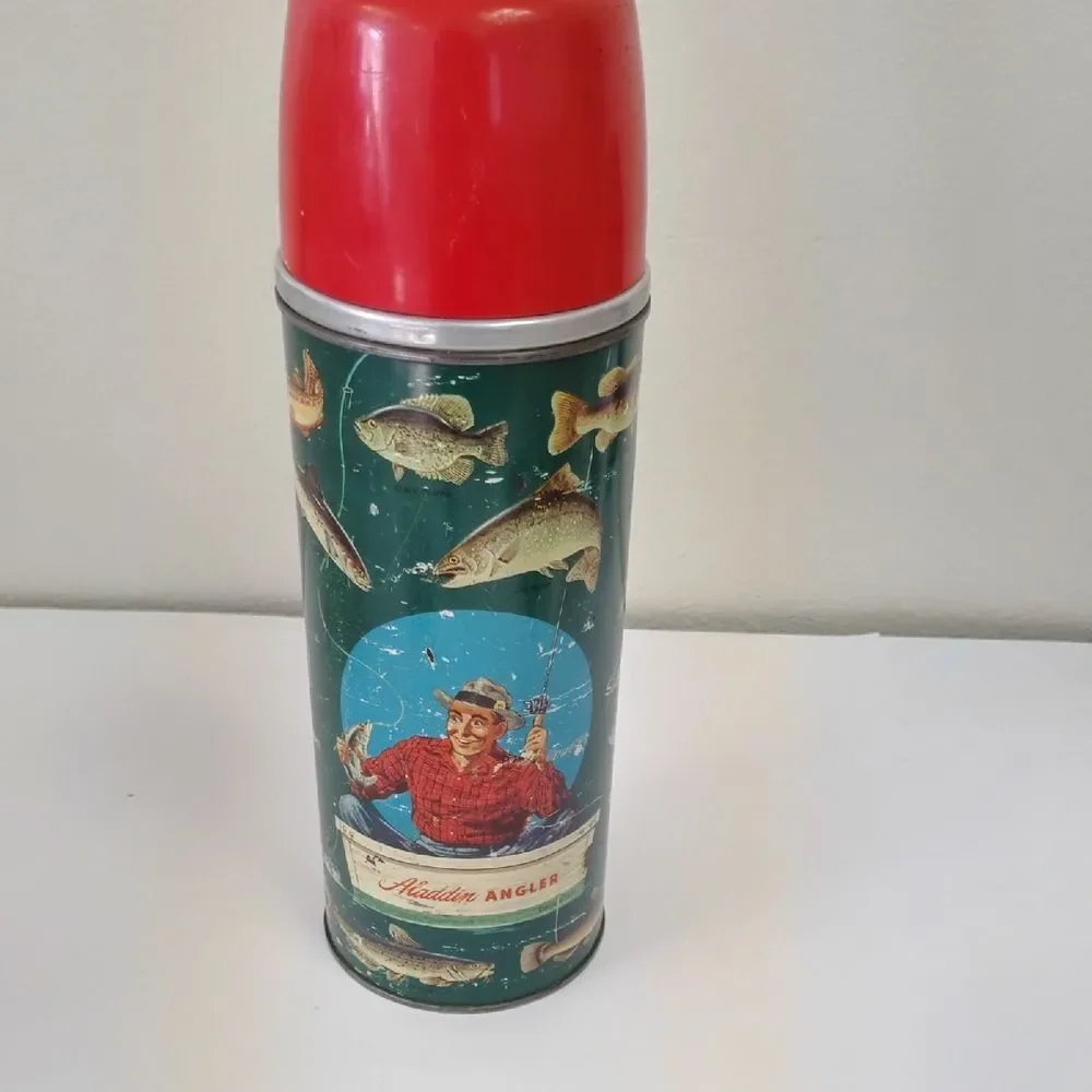 Vintage Aladdin Angler Thermos with Red Lid